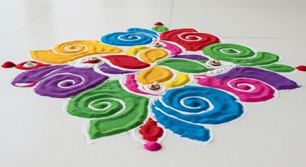 鮮やか色彩の砂絵 華麗な渦巻き模様が輝く. AI Generated