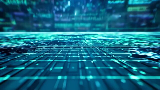 Futuristic Digital Data Network Glowing Matrix in Blue with Dynamic Light Movement