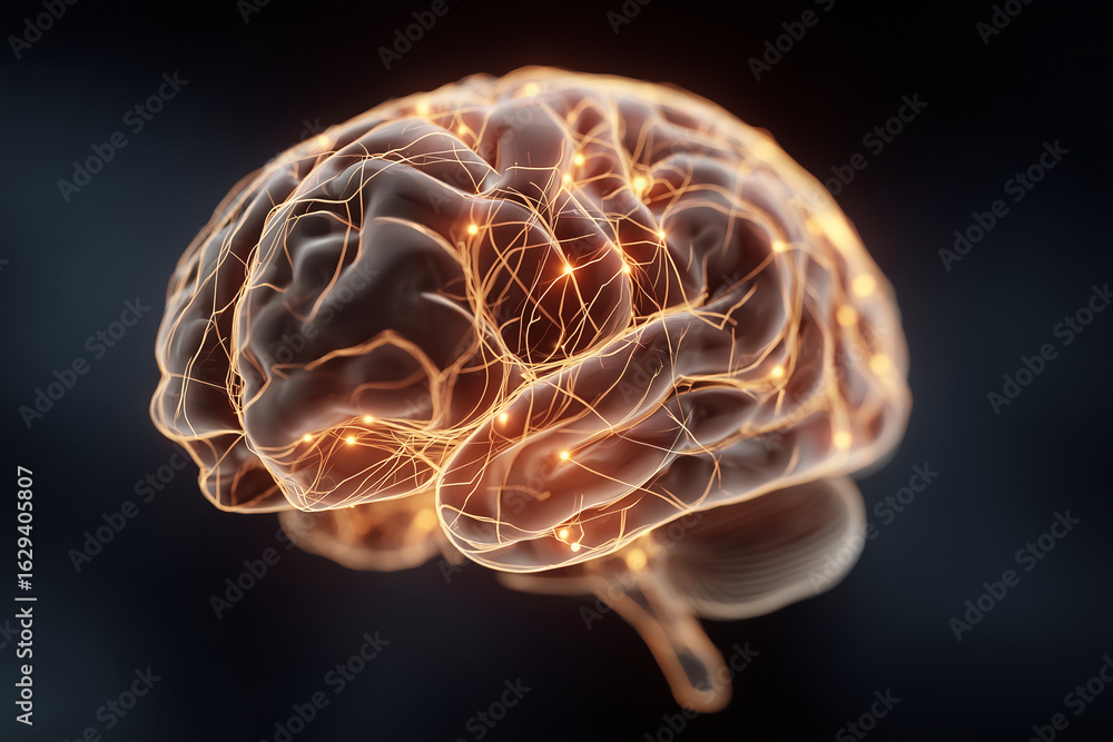 Poster a brain with many lines and dots on it