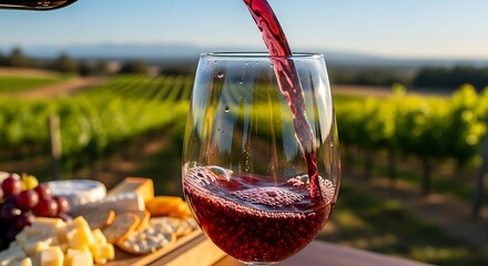 Pouring red wine into a glass at a picturesque vineyard on a sunny day