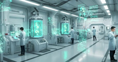 Scientists working in a futuristic lab with technology - Powered by Adobe