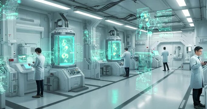 Scientists working in a futuristic lab with technology - Powered by Adobe