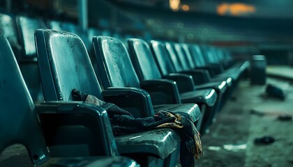 Fototapeta premium Abandoned stadium seats evoke a sense of nostalgia and emptiness. Dust and debris highlight the passage of time in this once-thriving venue, inviting reflection on past events.