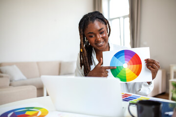 Cheerful African American woman designer having video conference with clients, sitting at desk in...