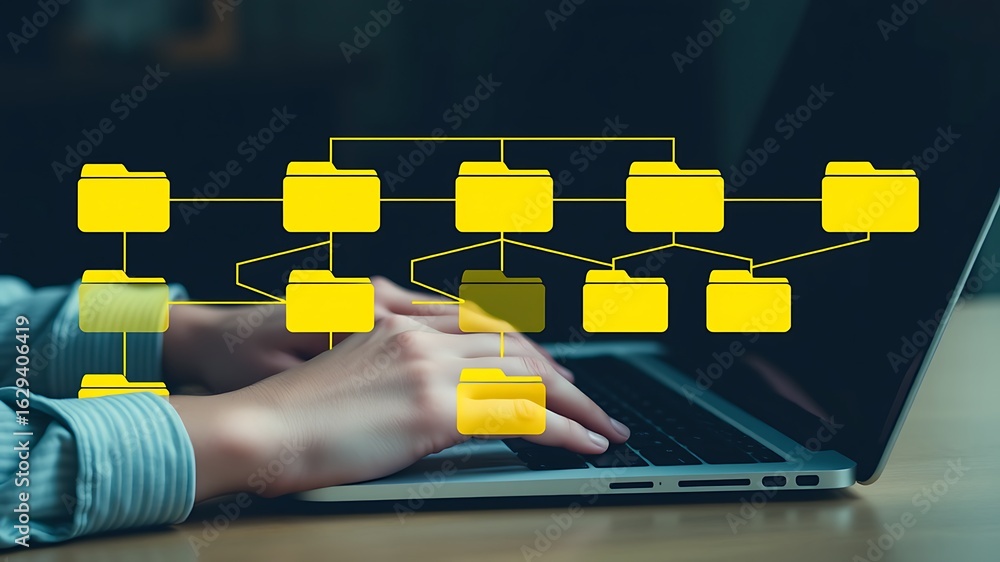 Aufkleber person working on laptop with connected yellow folders representing data organization and structure