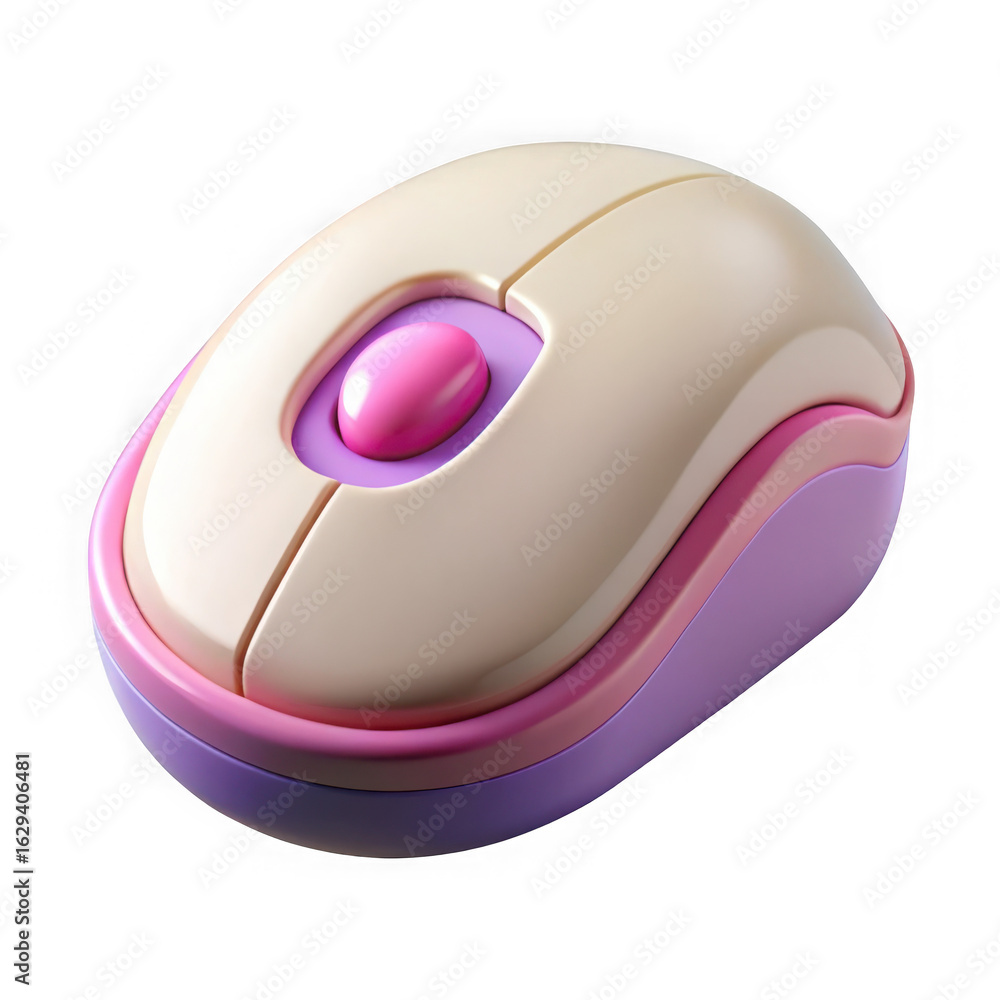 Poster a modern beige and purple wireless computer mouse with a pink scroll wheel isolated on transparent b