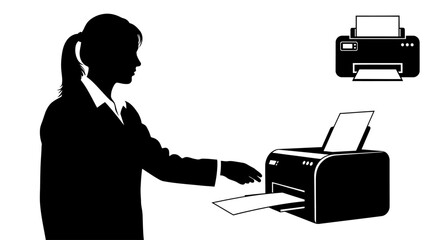 Silhouette of a woman printing documents using a printer, with a printer icon in the corner.