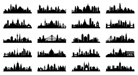Silhouette illustrations of various city skylines, showcasing diverse architectural styles.
