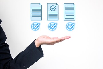 Automated document approval and quality control concept with digital check marks and file icons,...