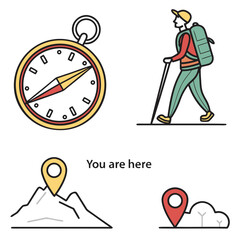 Compass, hiker, and location icons isolated on white background