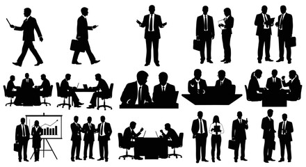 Silhouettes of businesspeople in various work scenarios, showcasing meetings, presentations, and individual tasks.