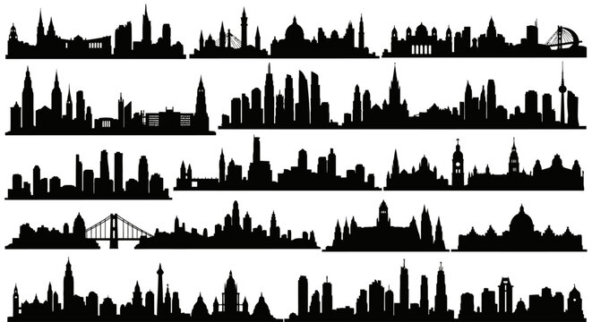 Collection of diverse city skylines, depicted as black silhouettes against a white background. - Powered by Adobe