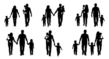 Silhouetted family figures walking together, holding hands, and carrying children.