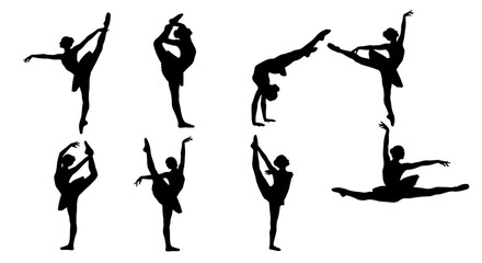 Silhouette illustrations of a female figure performing various ballet and gymnastic poses, showcasing flexibility and balance.