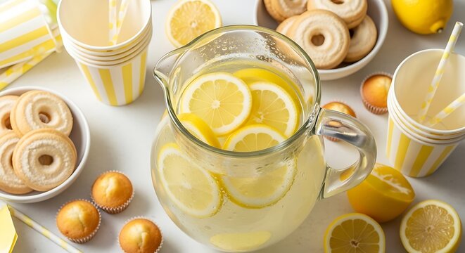Refreshing lemonade drink with lemon slices and desserts for a summer picnic theme and yellow