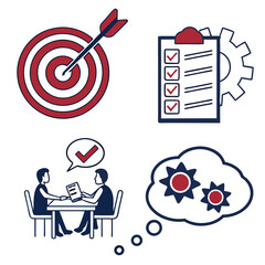 Target, checklist, meeting, and idea icons isolated on white background
