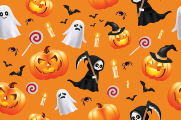 Halloween seamless pattern texture with cute pumpkins, ghosts, grim reaper, candy, bat, spider and lantern on orange background for wallpaper, wrapping paper, banner, template, web and poster