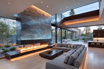 Modern, spacious living room with a stone fireplace