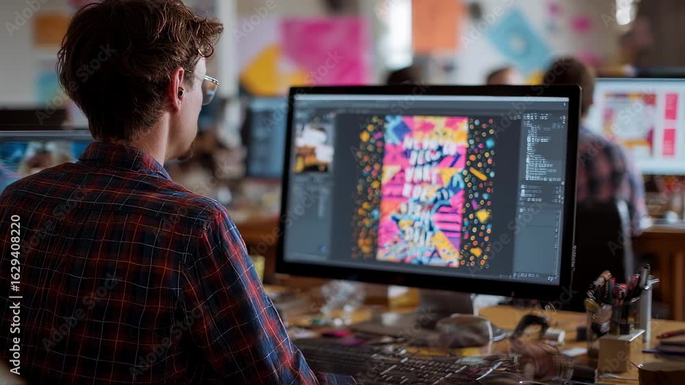 Poster overtheshoulder shot of a designer layering colorful animated elements and kinetic typography while 