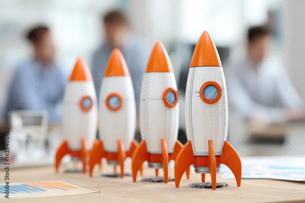 Poster innovative strategy planning session focused on startup success with rocket models in a dynamic work