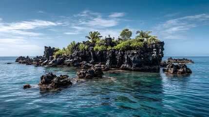 Obraz premium Volcanic islet with black rock formations and scattered green vegetation in peaceful ocean