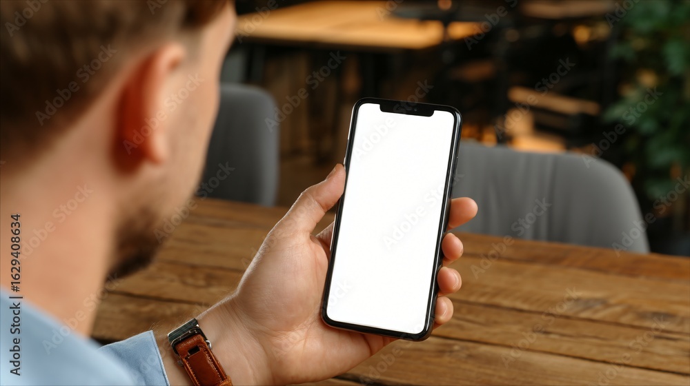 Aufkleber man holding smartphone with blank screen in a cafe mockup for app or website design