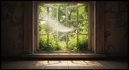 Sunlight streaming through an open window, illuminating plants and the room, creating a serene