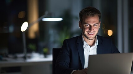 Professional Man Smiling While Working Late on Laptop in Office