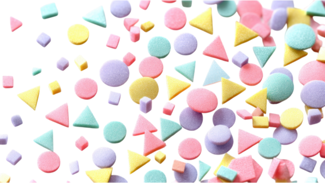 Colorful Pastel Geometric Shapes with Sprinkles on a Flat Surface - Powered by Adobe