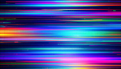 暗背景に走るカラフルグリッチライン｜テレビ信号ノイズ・デジタル抽象テクスチャ