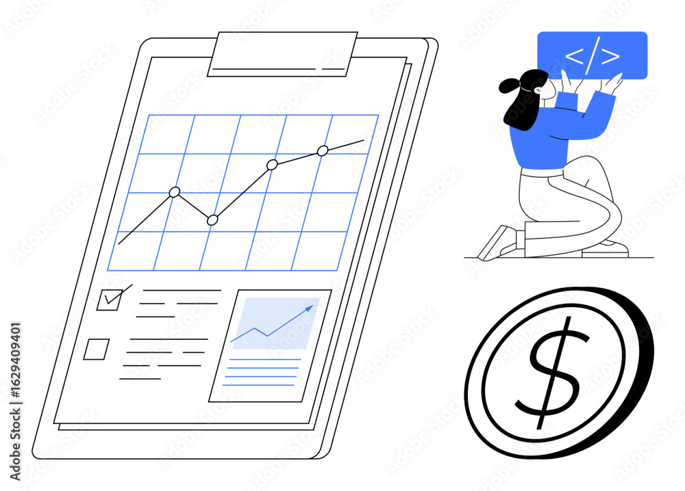 Aufkleber clipboard with rising graph, checklist, dollar sign, and person coding. ideal for data analysis, fin
