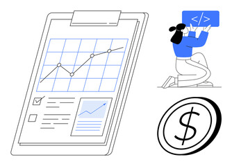 Obraz na płótnie Canvas Clipboard with rising graph, checklist, dollar sign, and person coding. Ideal for data analysis, financial planning, business strategy, web development, programming growth tracking simple landing