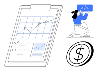 Fotobehang Clipboard with rising graph, checklist, dollar sign, and person coding. Ideal for data analysis, financial planning, business strategy, web development, programming growth tracking simple landing © robu_s