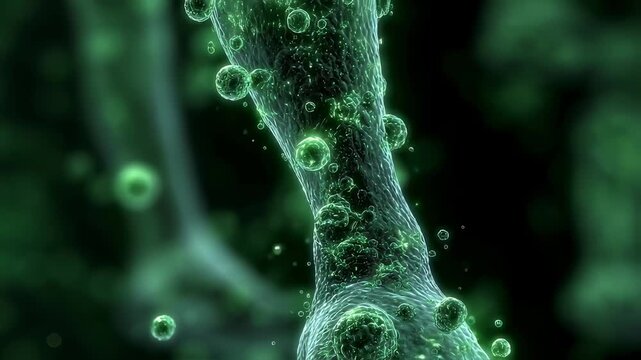 Dynamic 3D rendering of decompression sickness process with glowing green gas bubbles obstructing circulation in limb joints.
