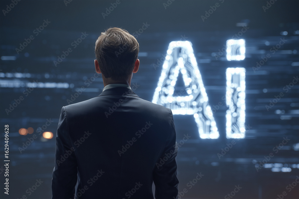 Poster a man is looking at a computer screen with the word ai in large letters