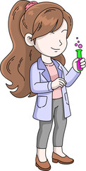 charming cartoon illustration of a female scientist holding a test tube with pink bubbling liquid, wearing a lab coat. Ideal for science and education themes