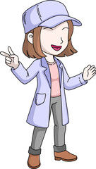 cheerful cartoon illustration of a young female scientist or student wearing a lab coat and a hat, pointing and smiling, in a presentation or a casual setting