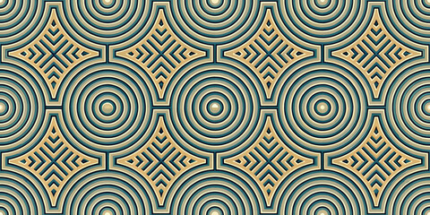 Fototapeta premium Retro geometric pattern with concentric circles and diamond shapes in teal and gold