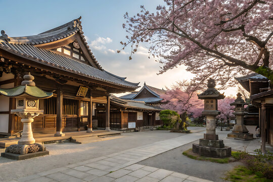 Serene japanese temple courtyard bathed in soft sunlight amidst blooming cherry blossoms