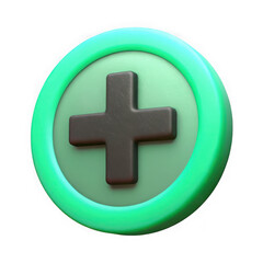 Obraz premium A 3d dark gray plus symbol inside a glowing green circle button isolated on transparent background