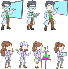A collection of cartoon male and female scientist illustrations. The characters are in various poses, including working with lab equipment, using tablets, and presenting on a whiteboard