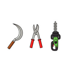Illustration of three gardening tools: a sickle, pruning shears, and a hedge trimmer.