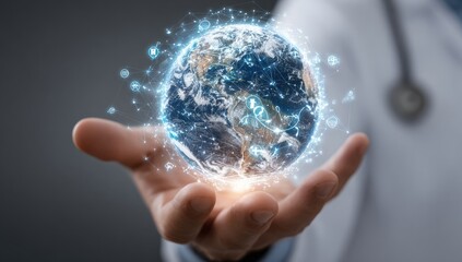 Doctor holds 3D globe, network overlay