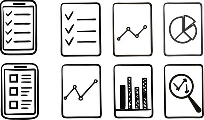 Hand-drawn Doodle Icons: Checklist, Charts, Graphs, Data Analysis, Mobile App UI Design Elements