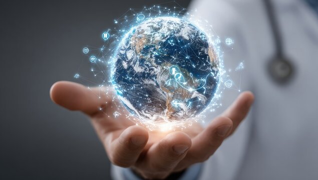 Doctor holds 3D globe, network overlay