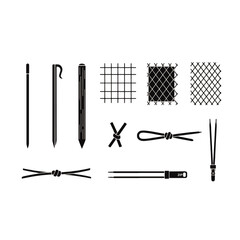 A collection of black and white vector icons depicting various tools, knots, and mesh patterns arranged in a grid.