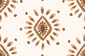 Hand painted diamond motif with embellishments, forming an ethnic folk art pattern in colors of brown and cream on an off-white background. Abstract seamless vector pattern. Great for home decor, gift