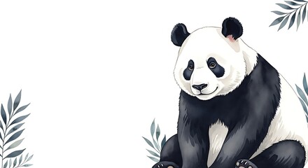 Obraz premium Watercolor panda bear illustration with soft leaves and a clean background