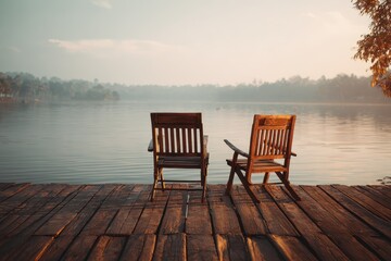 Obraz premium Two wooden chairs on a wood pier looking over a lake during sunrise, offering a peaceful view of nature and tranquility
