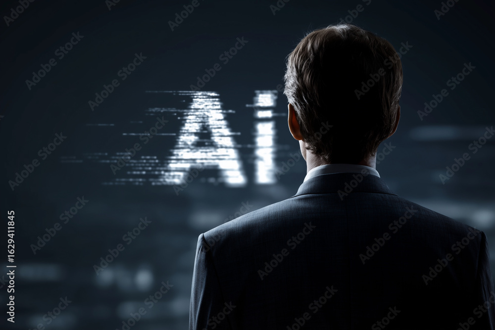 Aufkleber a man is looking at a computer screen with the word ai in white letters